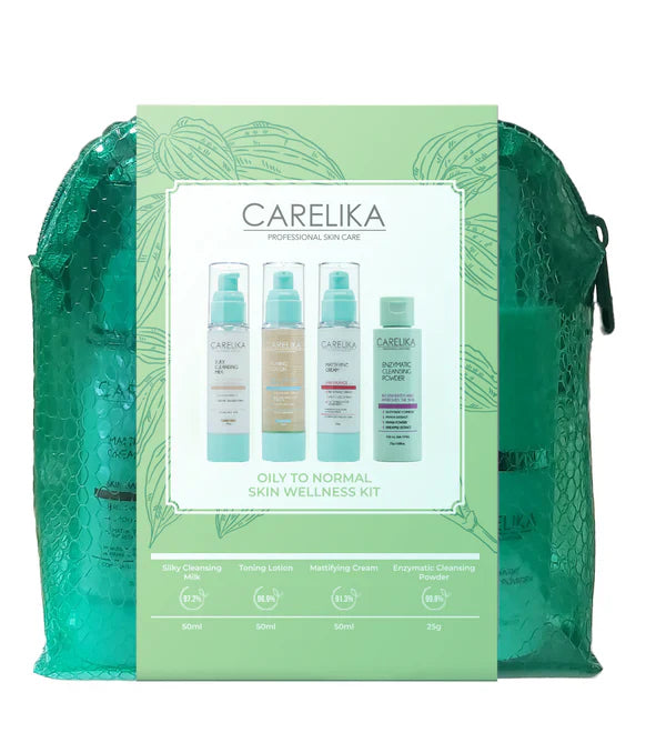 CARELIKA Oily Skin Type Wellness Travel Kit: Silky Cleansing Milk 50ml + Toning Lotion 50ml + Mattifying Cream 50ml + Enzymatic Cleansing Powder 25g